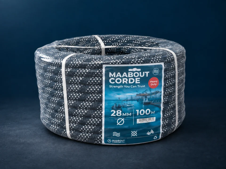 Dark MAABOUT braided rope coil labelled 28 mm and 100 m