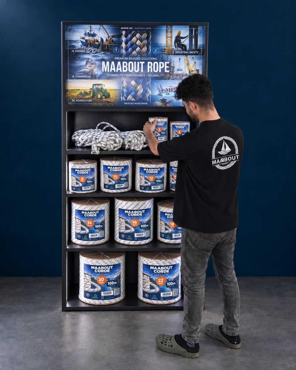 A MAABOUT team member beside the display of rope reels labelled from 5 to 22 mm